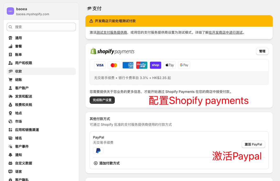 Shopify Payments设置界面